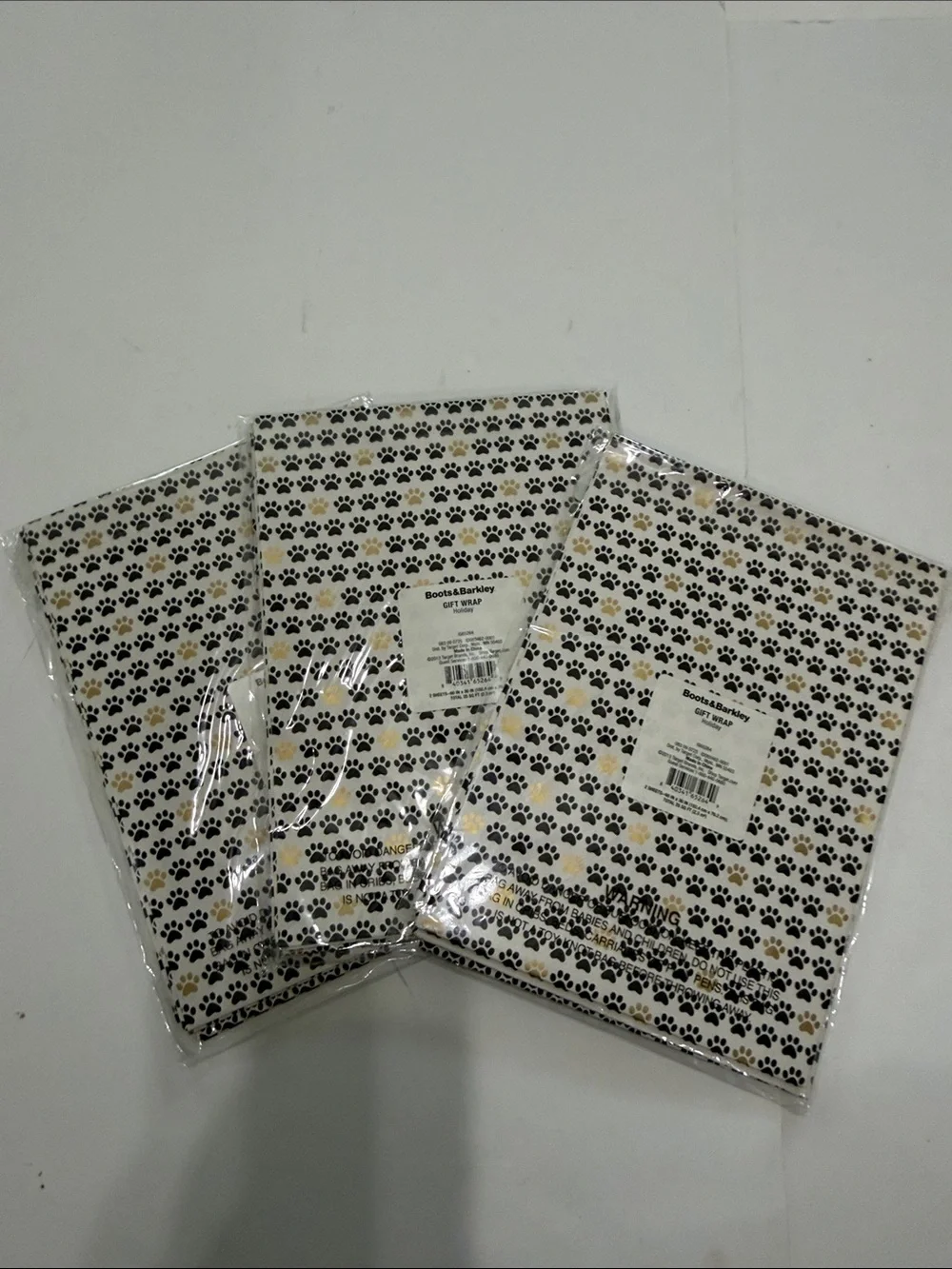 Boots & Barkley Black, Gold and White Paw Print Gift Wrap Sheets Set of 3